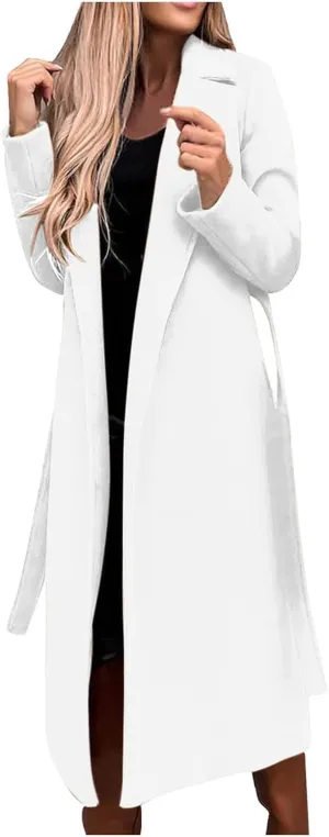 Long Wool Coats for Women Trendy Notched Collar Open Front Trench Coat Woolen Blend Warm Fall Winter Jacket Outwear