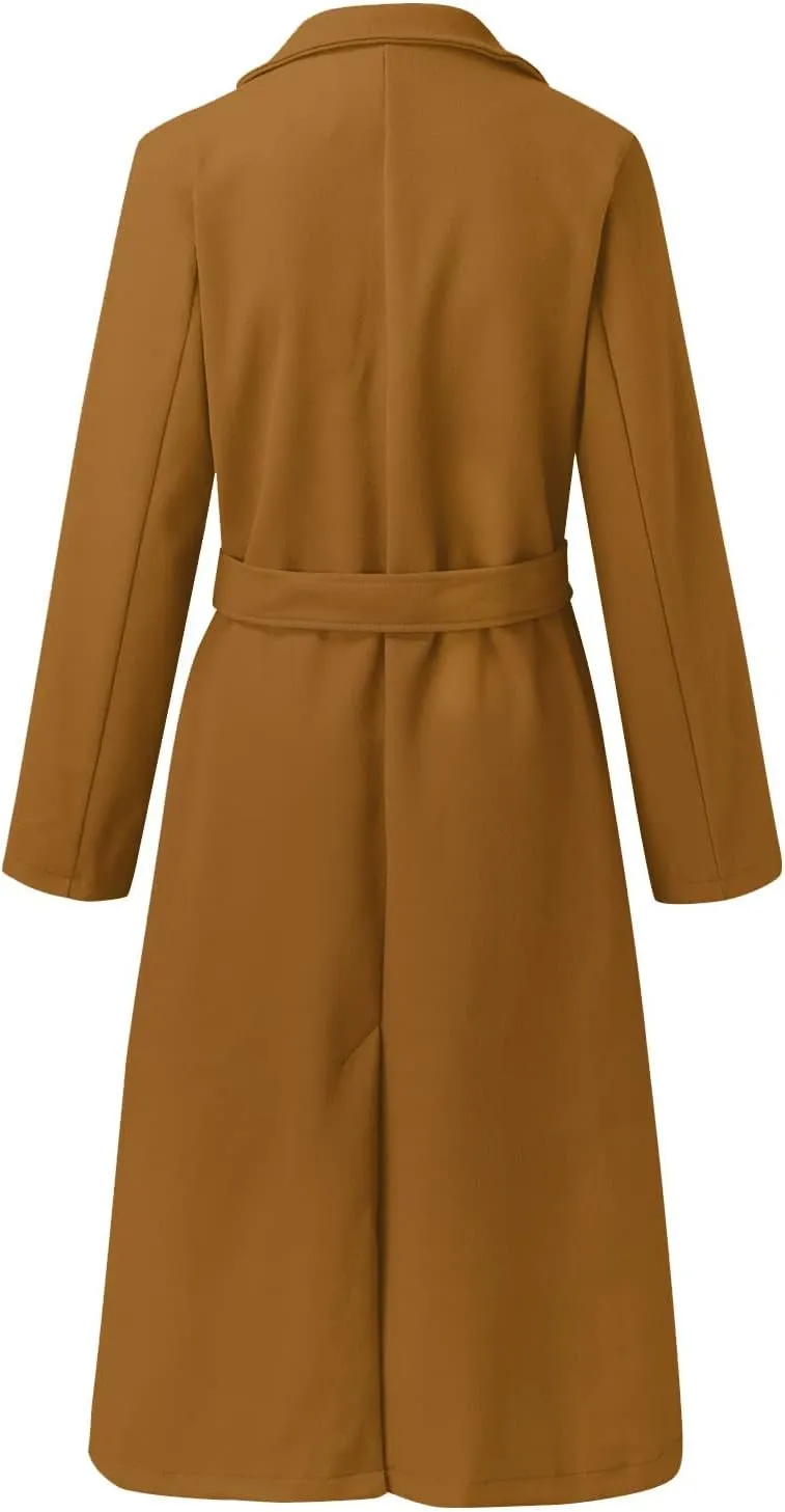 Long Wool Coats for Women Trendy Notched Collar Open Front Trench Coat Woolen Blend Warm Fall Winter Jacket Outwear