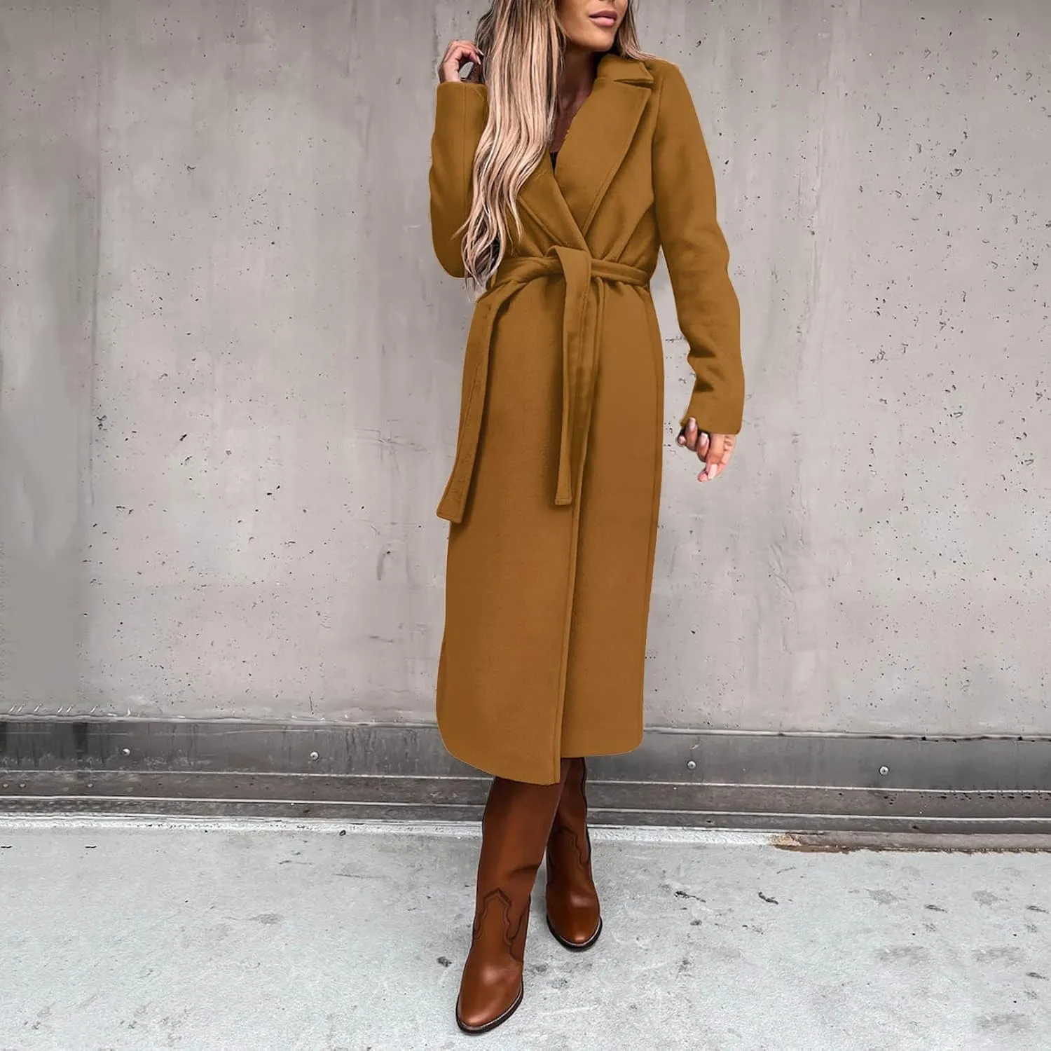 Long Wool Coats for Women Trendy Notched Collar Open Front Trench Coat Woolen Blend Warm Fall Winter Jacket Outwear