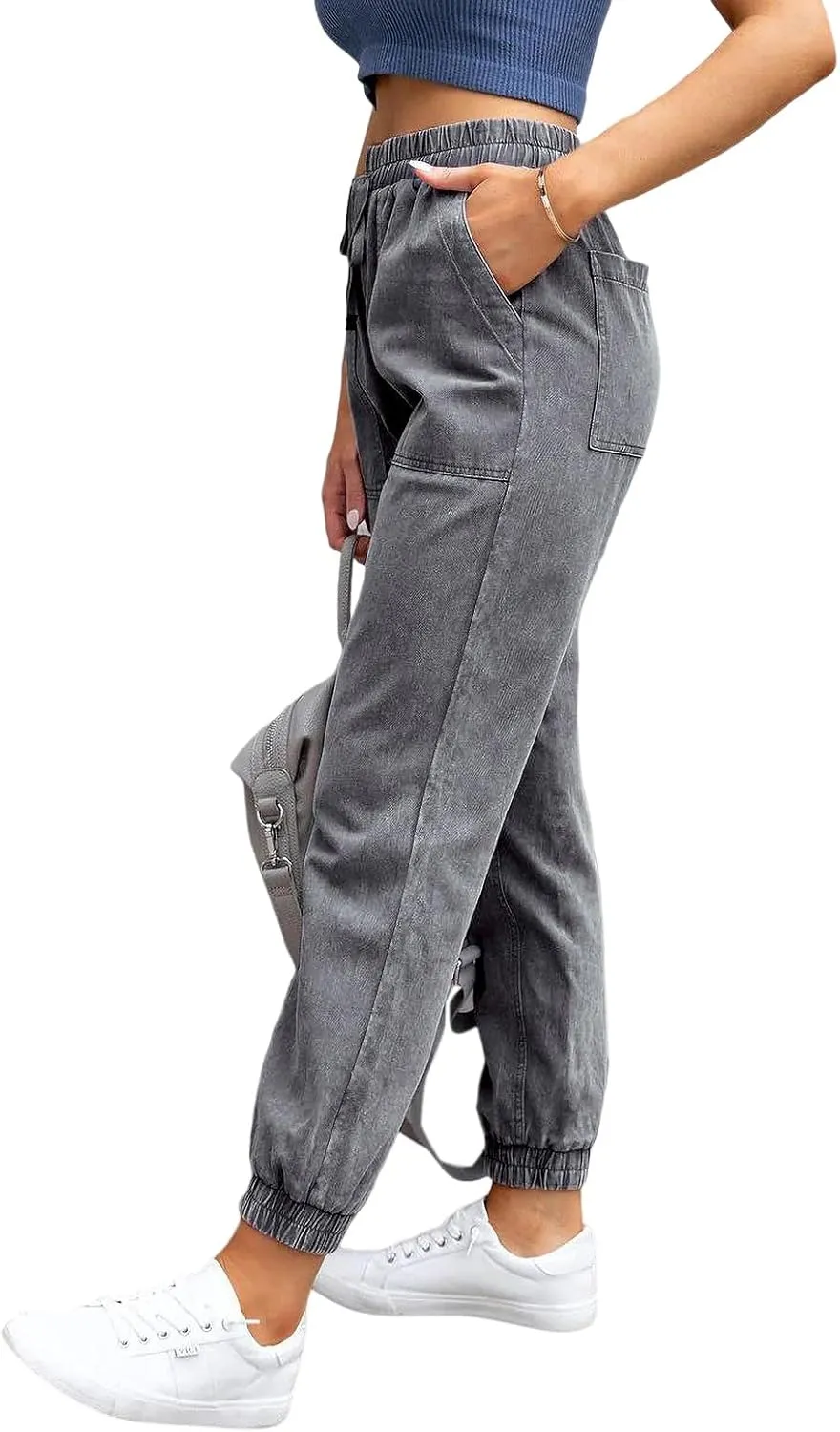 LONGYIDA Denim Joggers for Women High Waisted Stretch Drawstring Elastic Waist Casual Jean Joggers Loose Denim Pants