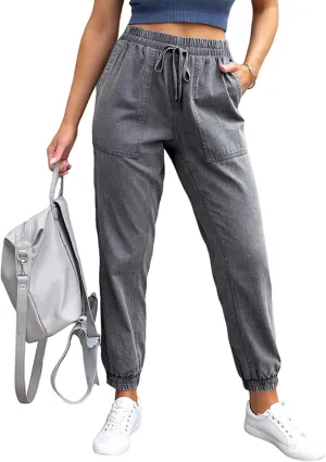 LONGYIDA Denim Joggers for Women High Waisted Stretch Drawstring Elastic Waist Casual Jean Joggers Loose Denim Pants
