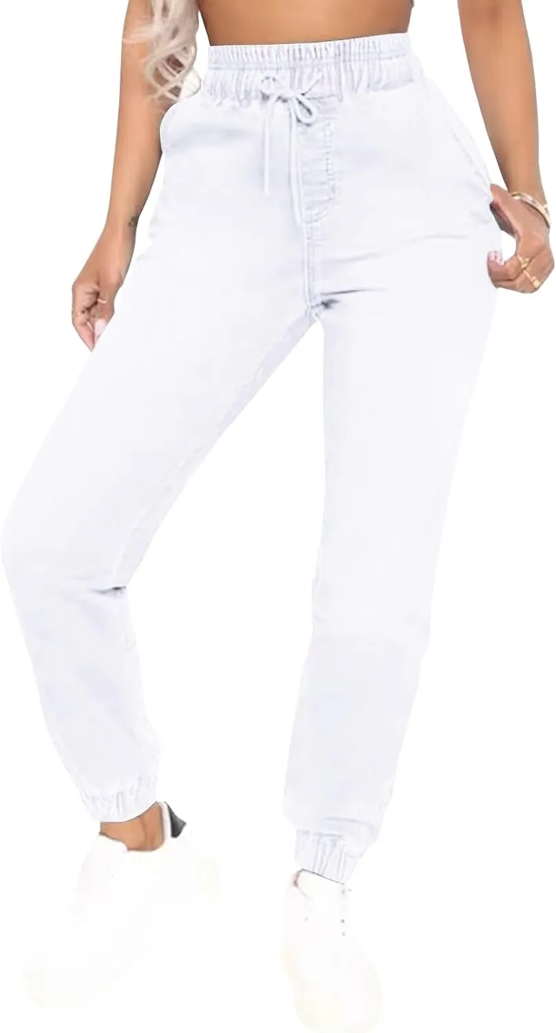LONGYIDA Denim Joggers for Women High Waisted Stretch Drawstring Elastic Waist Casual Jean Joggers Loose Denim Pants