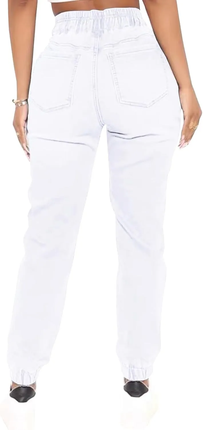 LONGYIDA Denim Joggers for Women High Waisted Stretch Drawstring Elastic Waist Casual Jean Joggers Loose Denim Pants