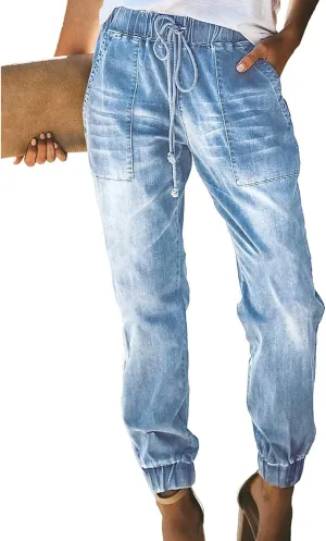 LONGYIDA Jean Joggers for Women Denim Ripped Loose Jeans High Waisted Stretch Drawstring Denim Joggers Pants