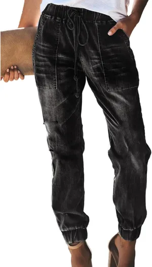 LONGYIDA Jean Joggers for Women Denim Ripped Loose Jeans High Waisted Stretch Drawstring Denim Joggers Pants