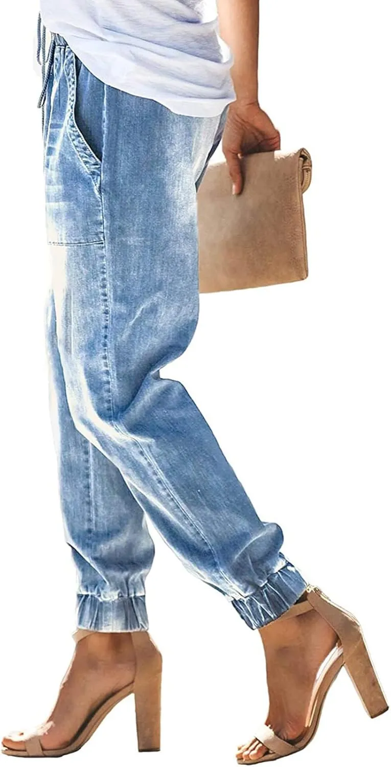 LONGYIDA Jean Joggers for Women Denim Ripped Loose Jeans High Waisted Stretch Drawstring Denim Joggers Pants