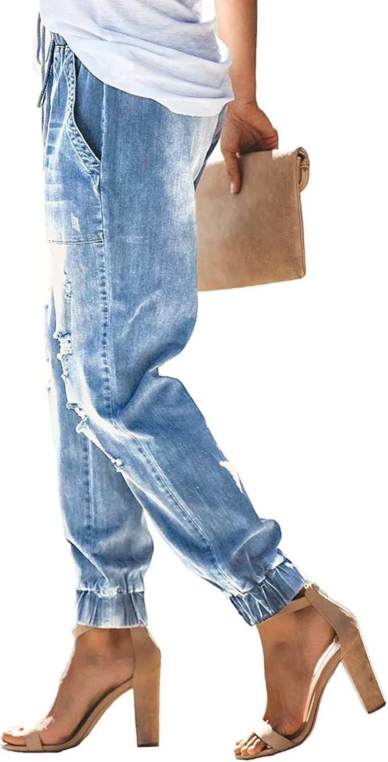 LONGYIDA Jean Joggers for Women Denim Ripped Loose Jeans High Waisted Stretch Drawstring Denim Joggers Pants