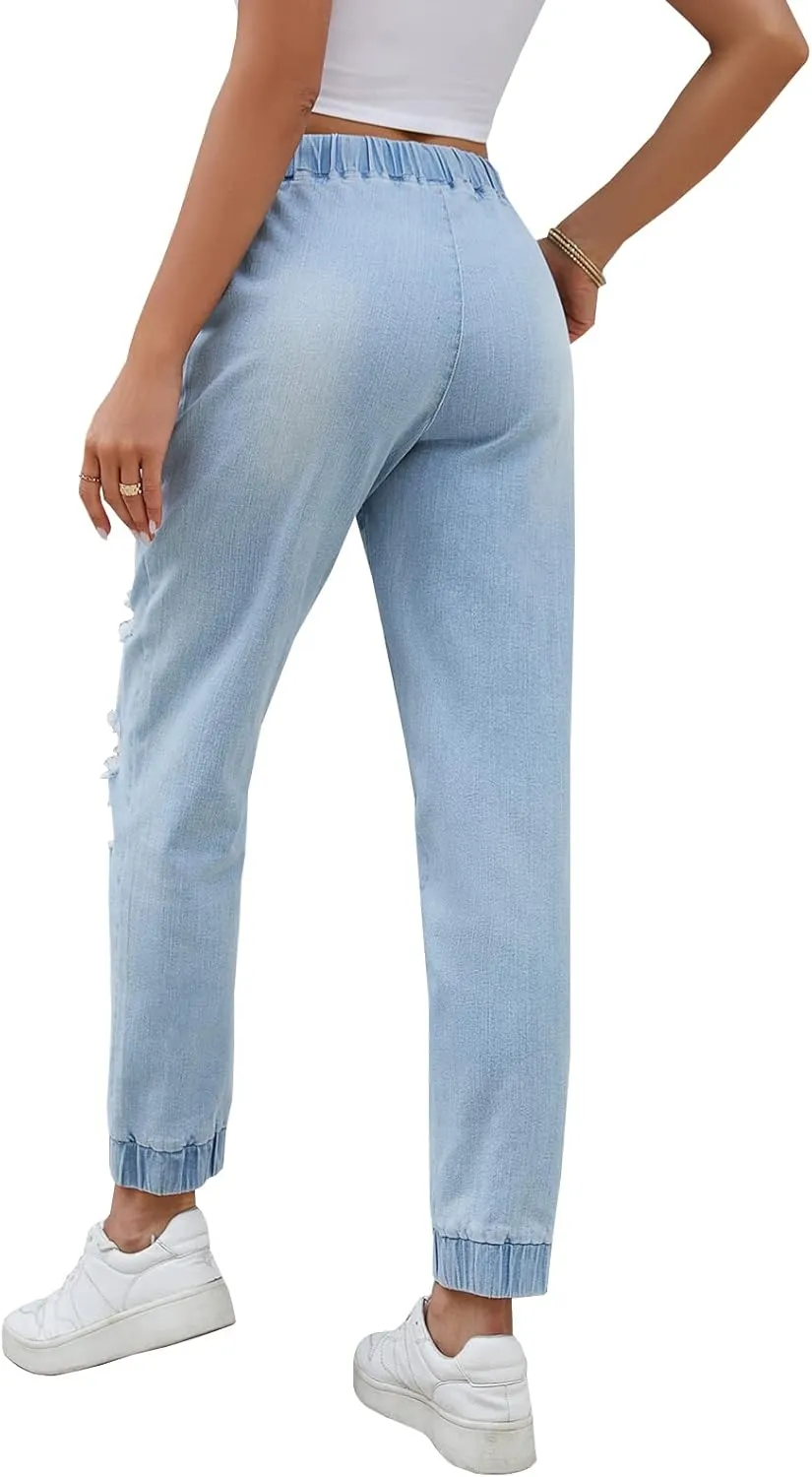 LONGYIDA Jean Joggers for Women Denim Ripped Loose Jeans High Waisted Stretch Drawstring Denim Joggers Pants