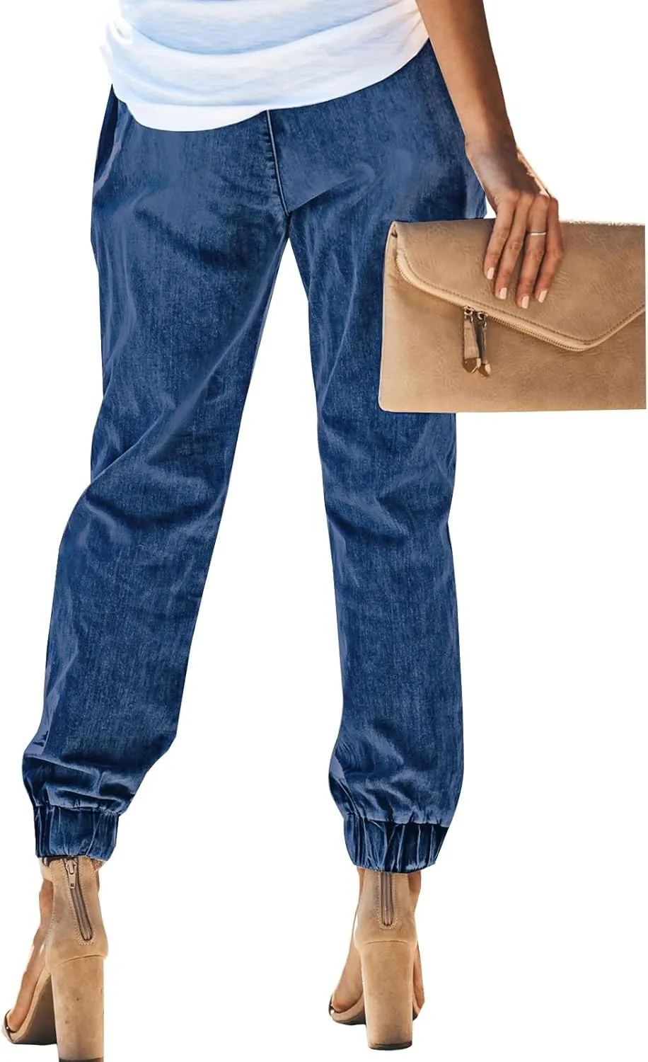 LONGYIDA Jean Joggers for Women Denim Ripped Loose Jeans High Waisted Stretch Drawstring Denim Joggers Pants