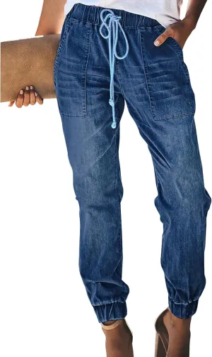 LONGYIDA Jean Joggers for Women Denim Ripped Loose Jeans High Waisted Stretch Drawstring Denim Joggers Pants