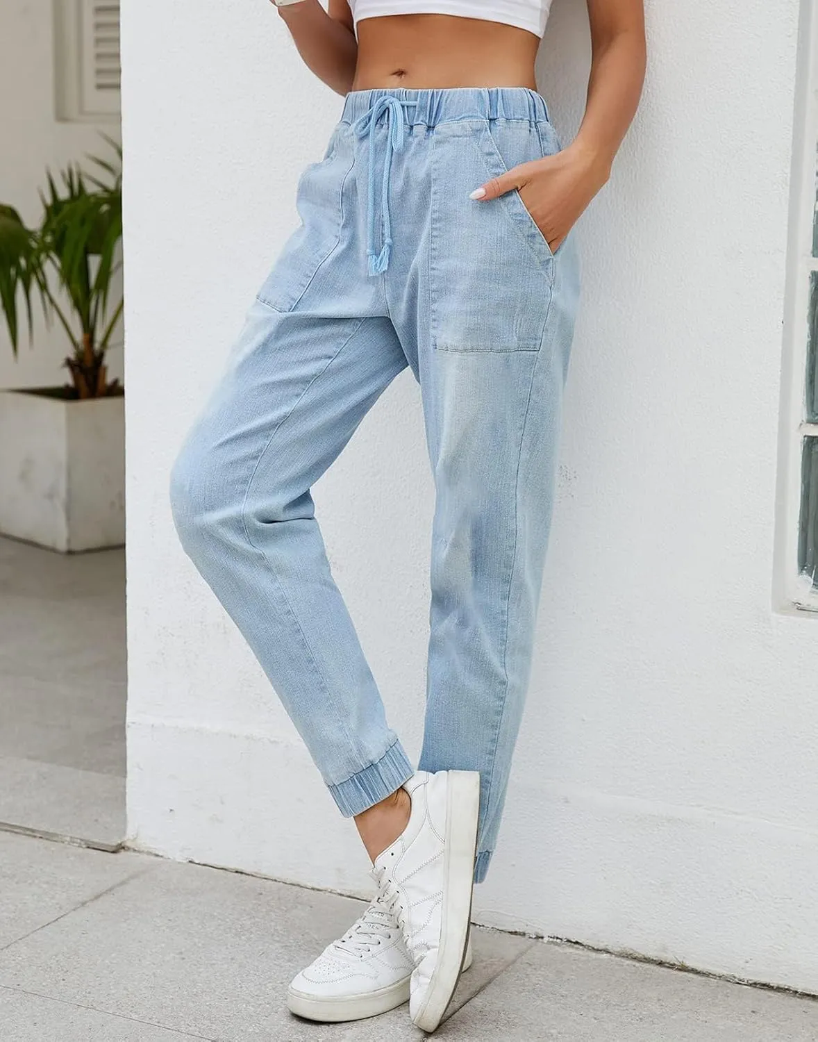LONGYIDA Jean Joggers for Women Denim Ripped Loose Jeans High Waisted Stretch Drawstring Denim Joggers Pants