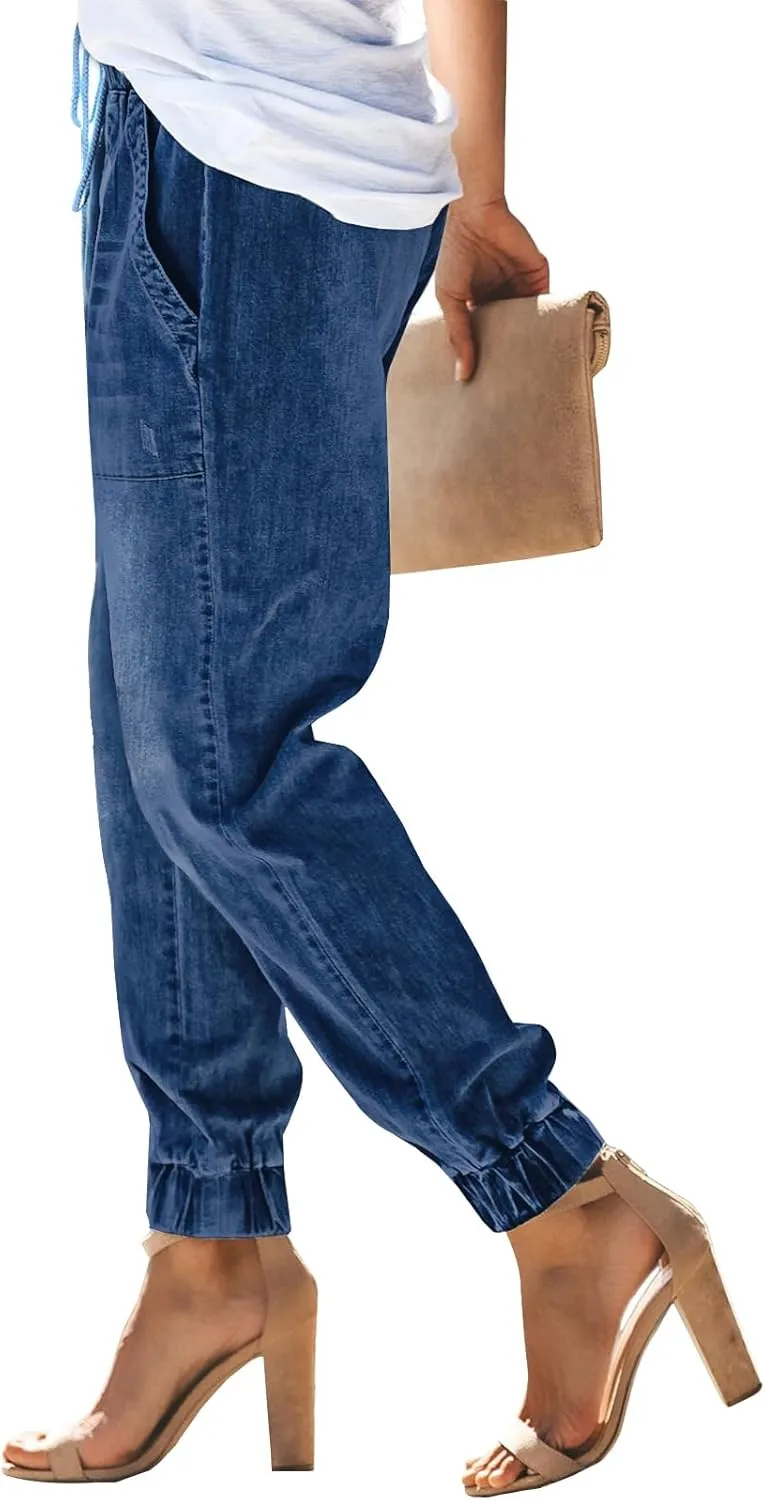 LONGYIDA Jean Joggers for Women Denim Ripped Loose Jeans High Waisted Stretch Drawstring Denim Joggers Pants