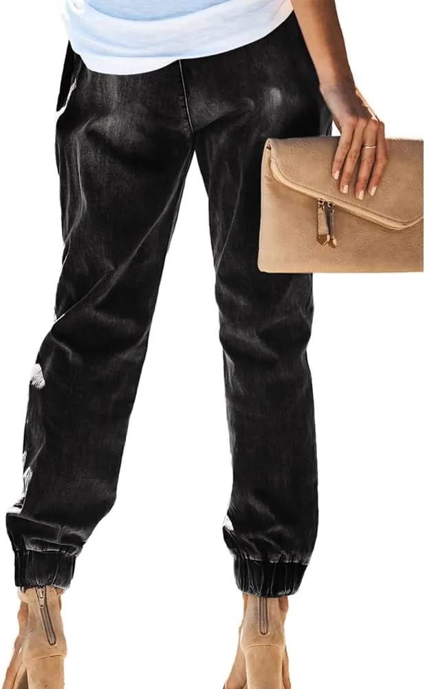 LONGYIDA Jean Joggers for Women Denim Ripped Loose Jeans High Waisted Stretch Drawstring Denim Joggers Pants