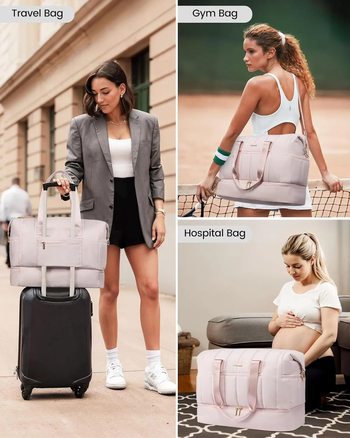 LOVEVOOK Travel Duffle Bag,Puffer Weekender Bags For Women with Shoe Compartment,42L Carry On Duffel Bags For Airplanes,Hospital Bag for Labor and Delivery,Overnight Bag With Toiletry Bag,2Pcs Set