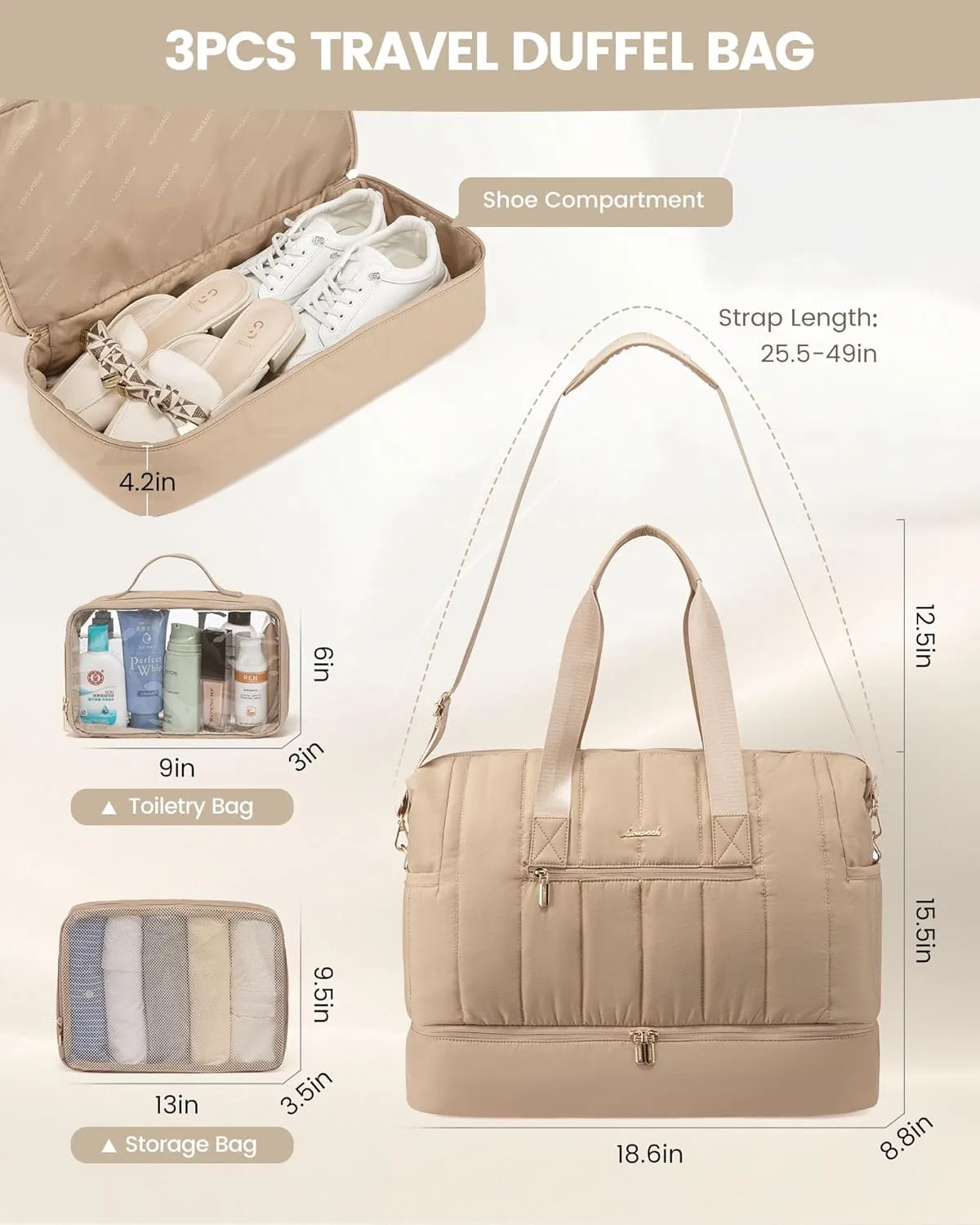 LOVEVOOK Travel Duffle Bag,Puffer Weekender Bags For Women with Shoe Compartment,42L Carry On Duffel Bags For Airplanes,Hospital for Labor and Delivery,Overnight Bag With Toiletry,3Pcs Set