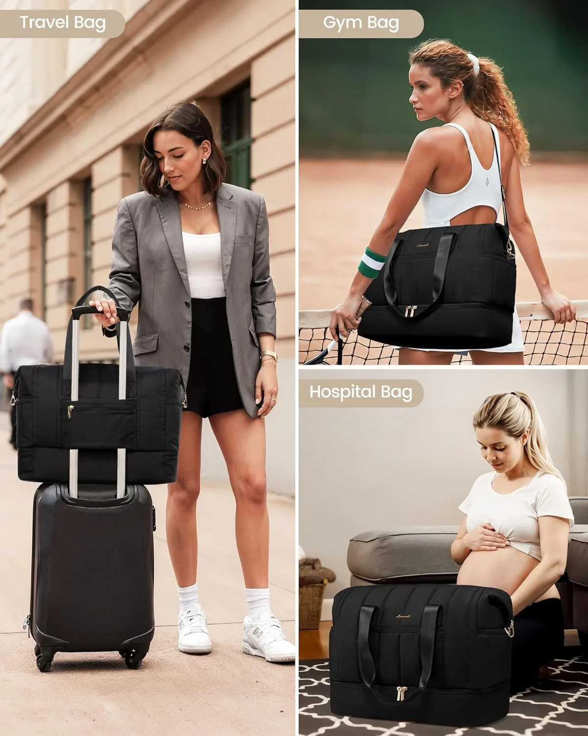 LOVEVOOK Travel Duffle Bag,Puffer Weekender Bags For Women with Shoe Compartment,42L Carry On Duffel Overnight Bags For Airplanes,Hospital Bag for Labor and Delivery,3Pcs Set