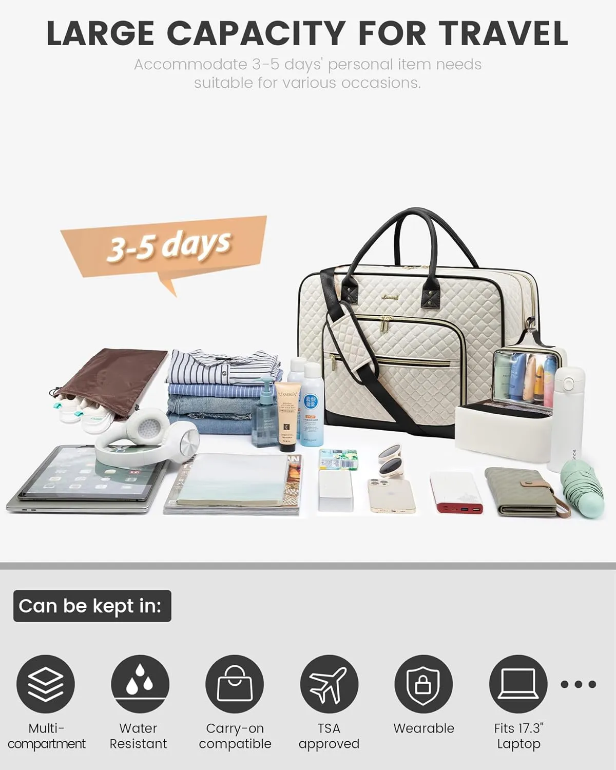 LOVEVOOK Weekender Bag for Women, Large Travel Duffle with Toiletry Shoes Bag, Carry on Overnight with Laptop Compartment for Airplane Business Trips Wet Pocket 4Pcs Set