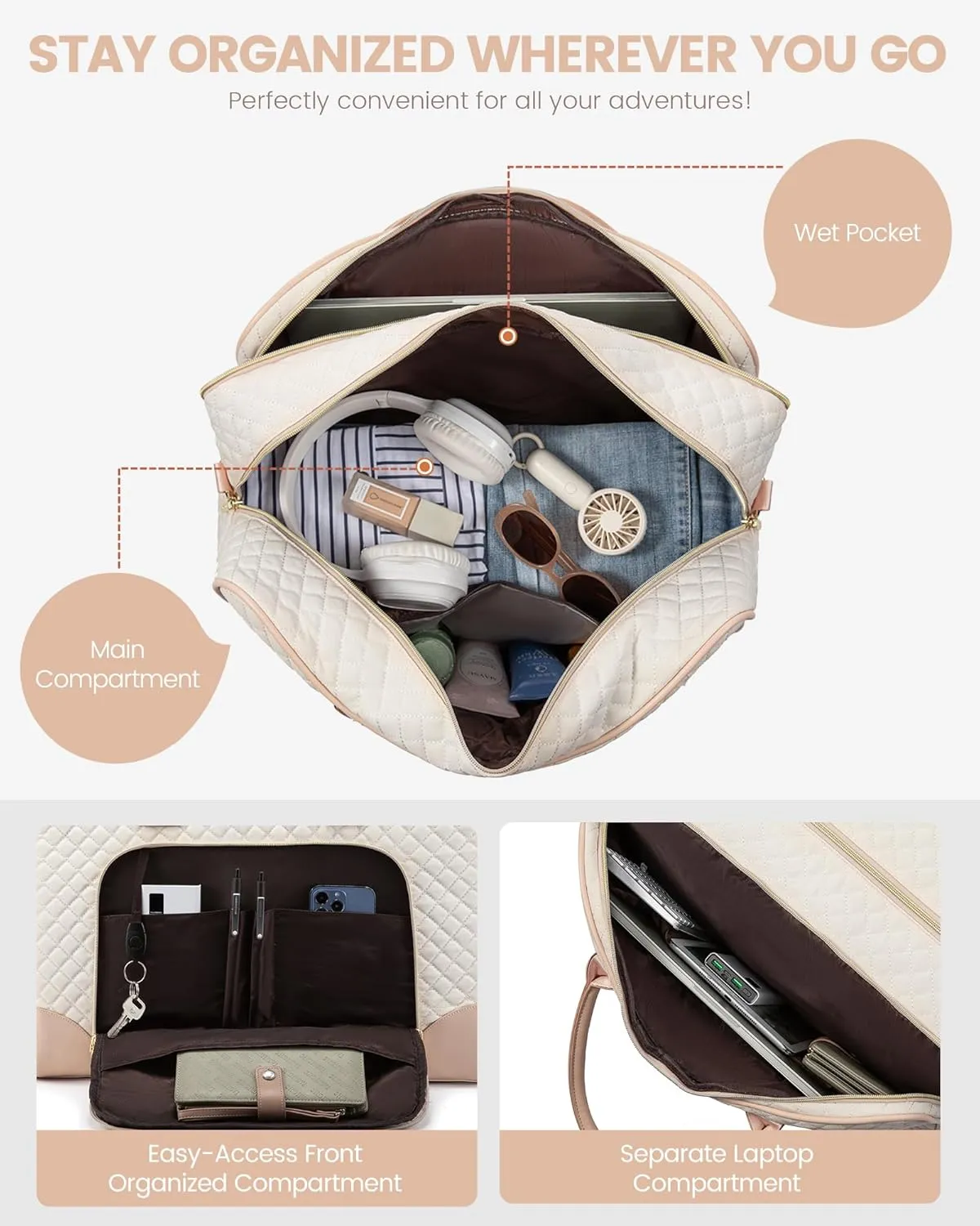 LOVEVOOK Weekender Bag for Women with Laptop Compartment, Quilted Carry on Bags for airplanes with Shoe Bag, Travel Duffel Tote Bags with Toiletry Bag, Hospital Bags with Wet Pocket Shoe Bag
