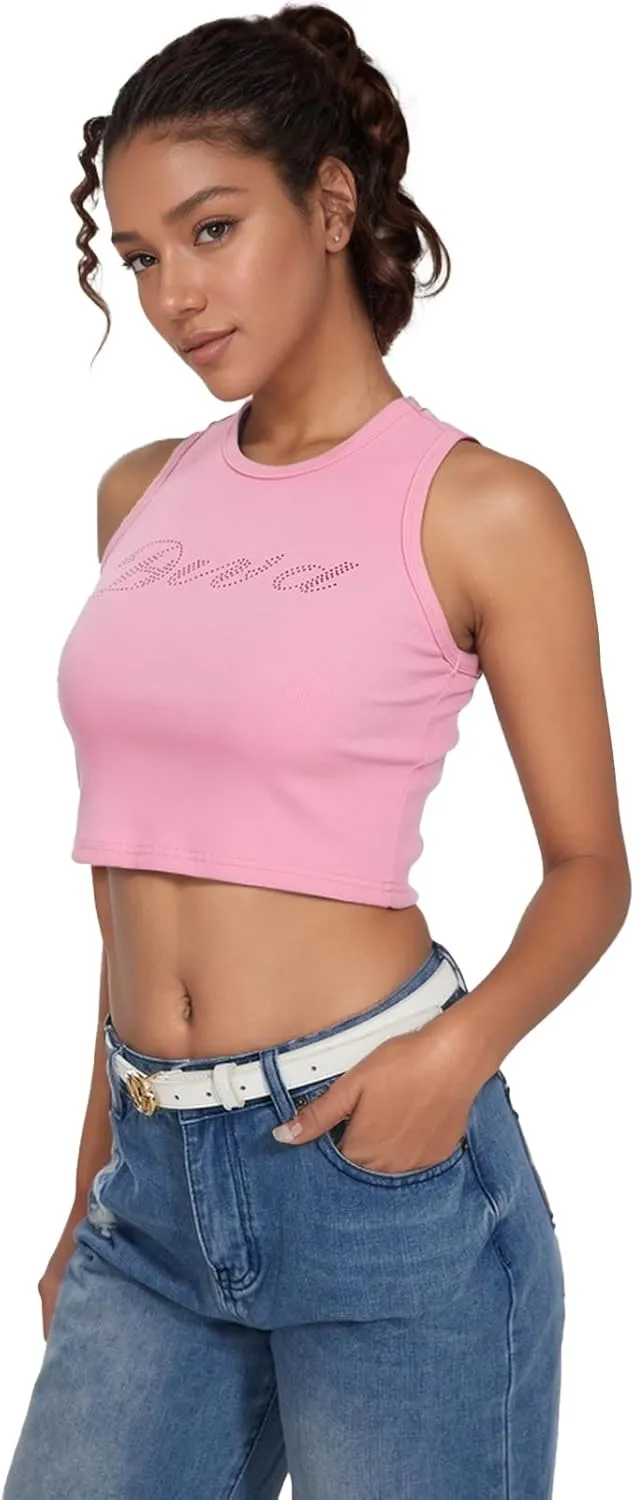 LQI Round Neck Racerback Tank Top Y2K Slim Fit Crop Top Pink Tops for Women Girls