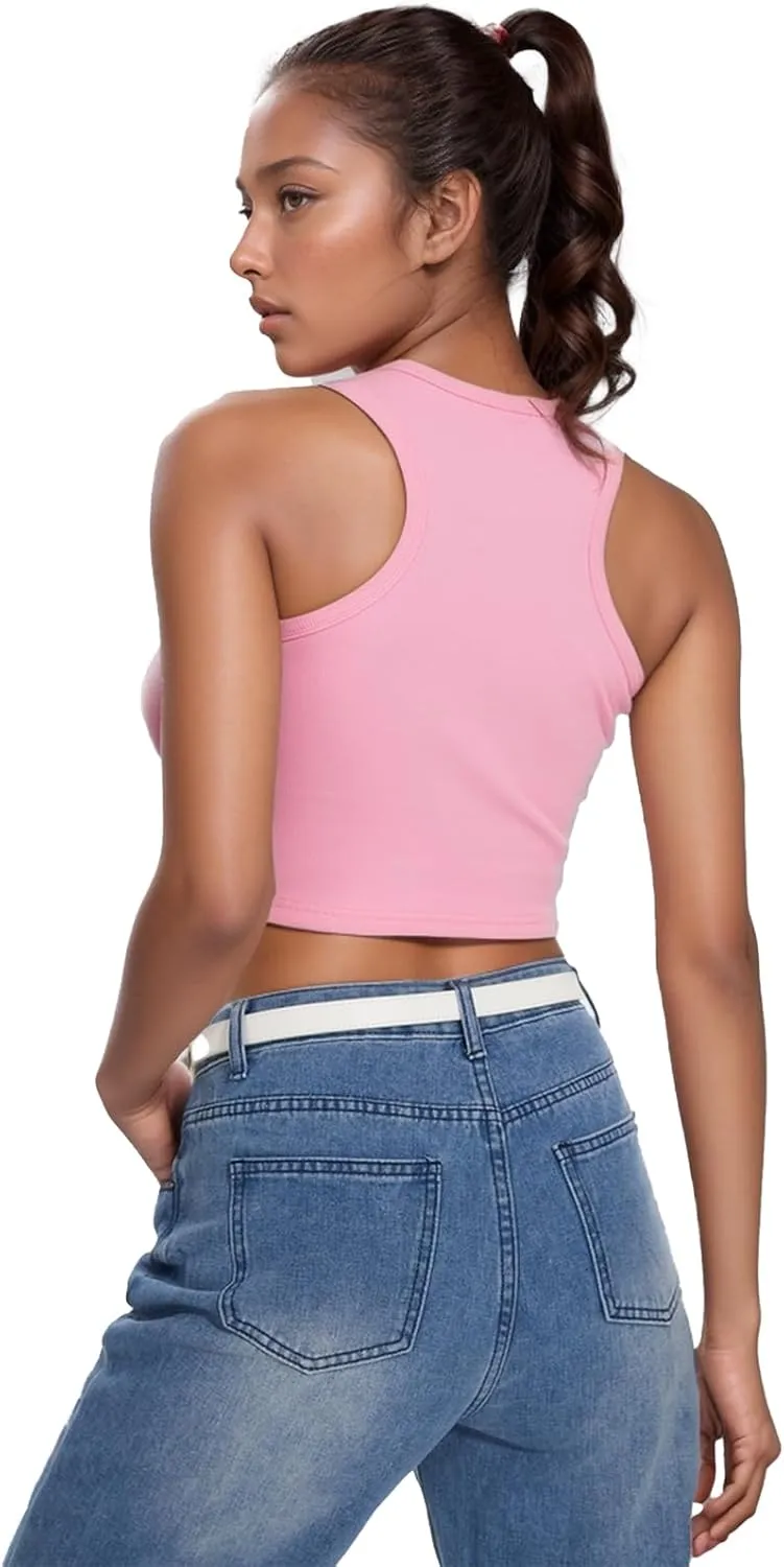 LQI Round Neck Racerback Tank Top Y2K Slim Fit Crop Top Pink Tops for Women Girls