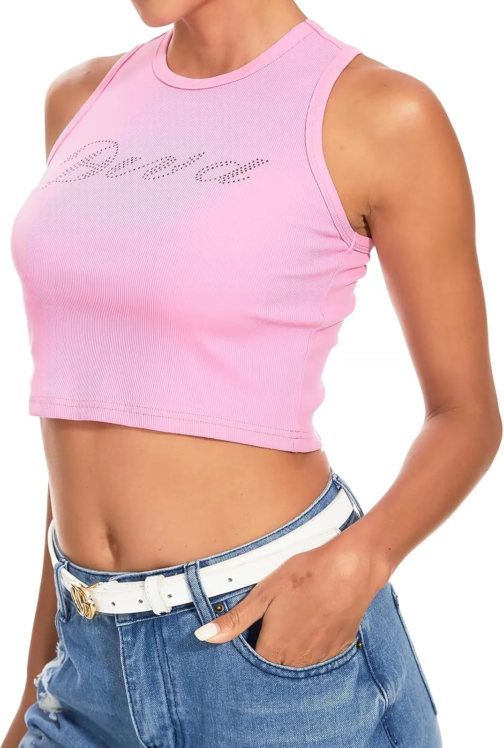 LQI Round Neck Racerback Tank Top Y2K Slim Fit Crop Top Pink Tops for Women Girls