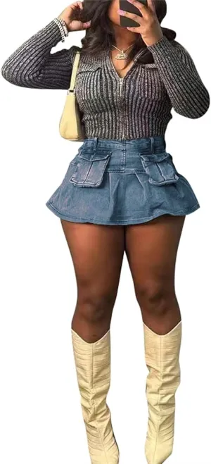 LROSEY Women Cargo Mini Skirt Y2k Denim Skirt A Line Stretchy Jean Skirts with Pocket Mid Rise