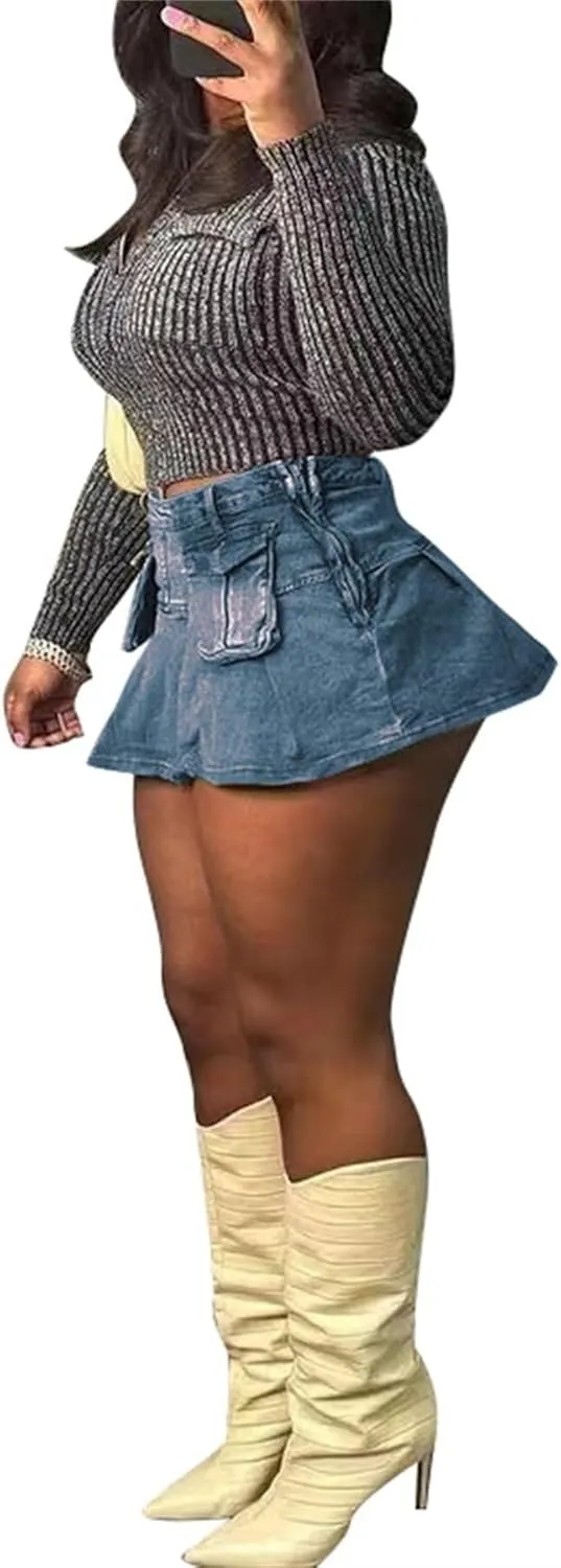 LROSEY Women Cargo Mini Skirt Y2k Denim Skirt A Line Stretchy Jean Skirts with Pocket Mid Rise