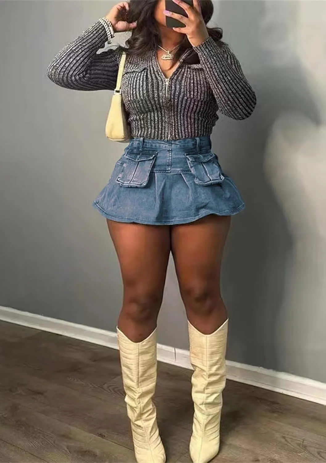 LROSEY Women Cargo Mini Skirt Y2k Denim Skirt A Line Stretchy Jean Skirts with Pocket Mid Rise
