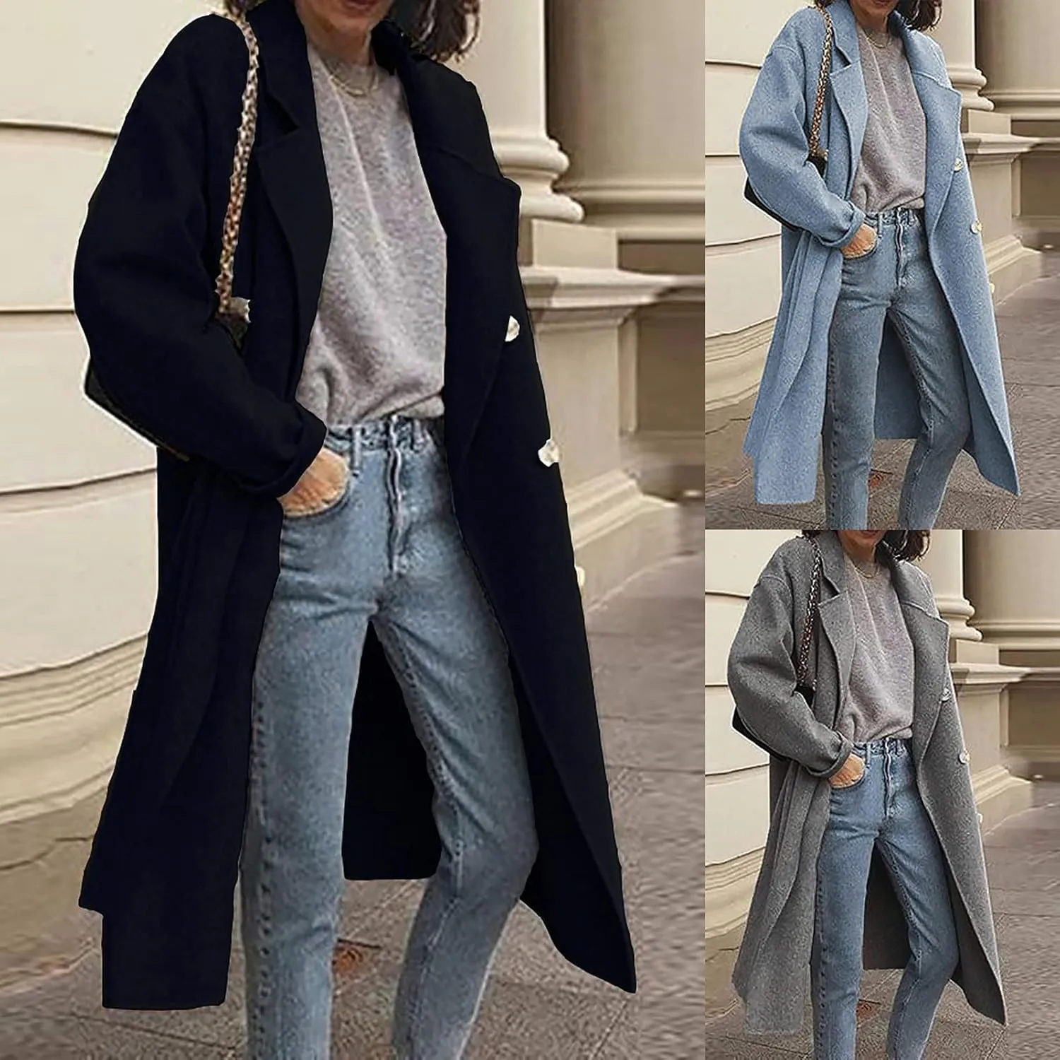 maisdgop Trench Coats for Women Classic Double Breasted Peacoat Long Sleeve Lapel Windbreaker Winter Woolen Cloth Jackets