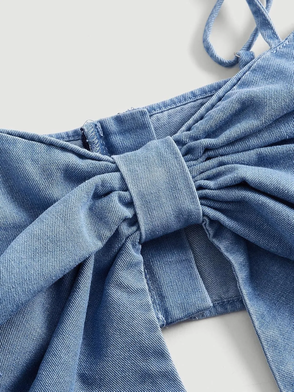 MakeMeChic Women's Denim Top Bow Front Sleeveless Spaghetti Strap Ruched Backless Crop Top Y2k Camisole Tops