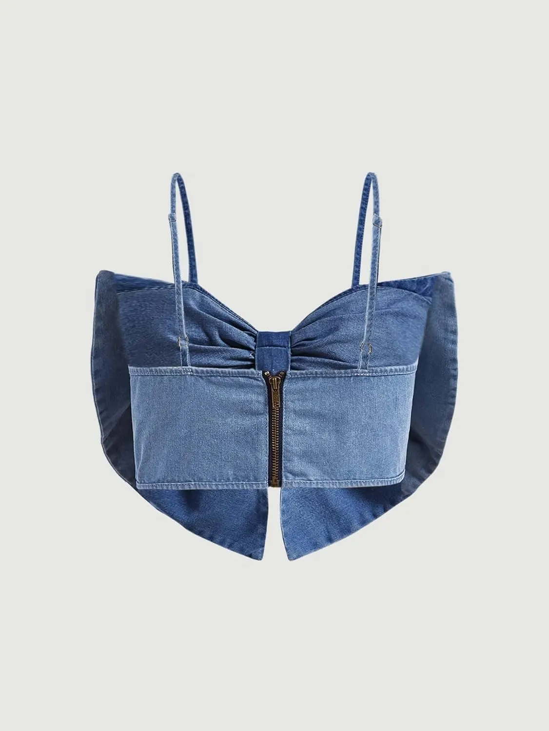 MakeMeChic Women's Denim Top Bow Front Sleeveless Spaghetti Strap Ruched Backless Crop Top Y2k Camisole Tops