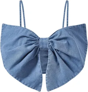 MakeMeChic Women's Denim Top Bow Front Sleeveless Spaghetti Strap Ruched Backless Crop Top Y2k Camisole Tops