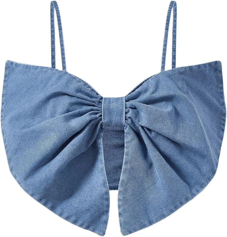 MakeMeChic Women's Denim Top Bow Front Sleeveless Spaghetti Strap Ruched Backless Crop Top Y2k Camisole Tops
