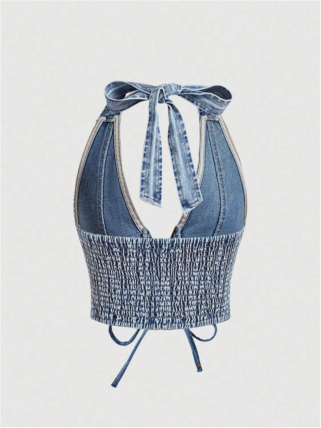 MakeMeChic Women's Denim Top Lace Up Sleeveless Halter V Neck Backless Y2K Denim Crop Top Vest