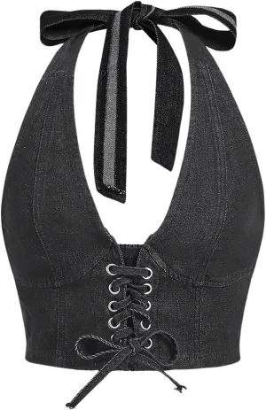 MakeMeChic Women's Denim Top Lace Up Sleeveless Halter V Neck Backless Y2K Denim Crop Top Vest