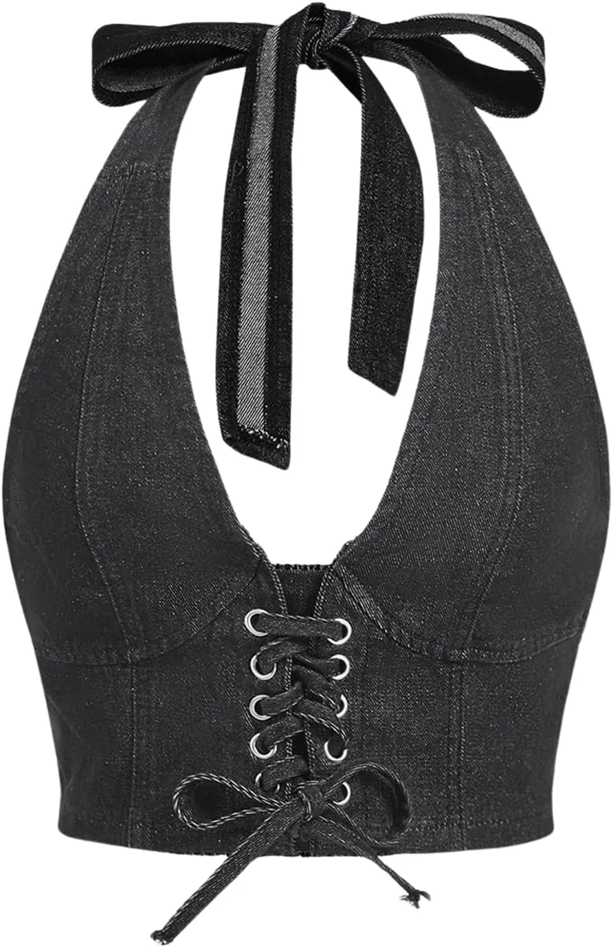 MakeMeChic Women's Denim Top Lace Up Sleeveless Halter V Neck Backless Y2K Denim Crop Top Vest