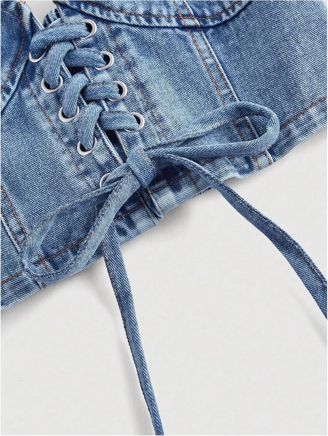 MakeMeChic Women's Denim Top Lace Up Sleeveless Halter V Neck Backless Y2K Denim Crop Top Vest