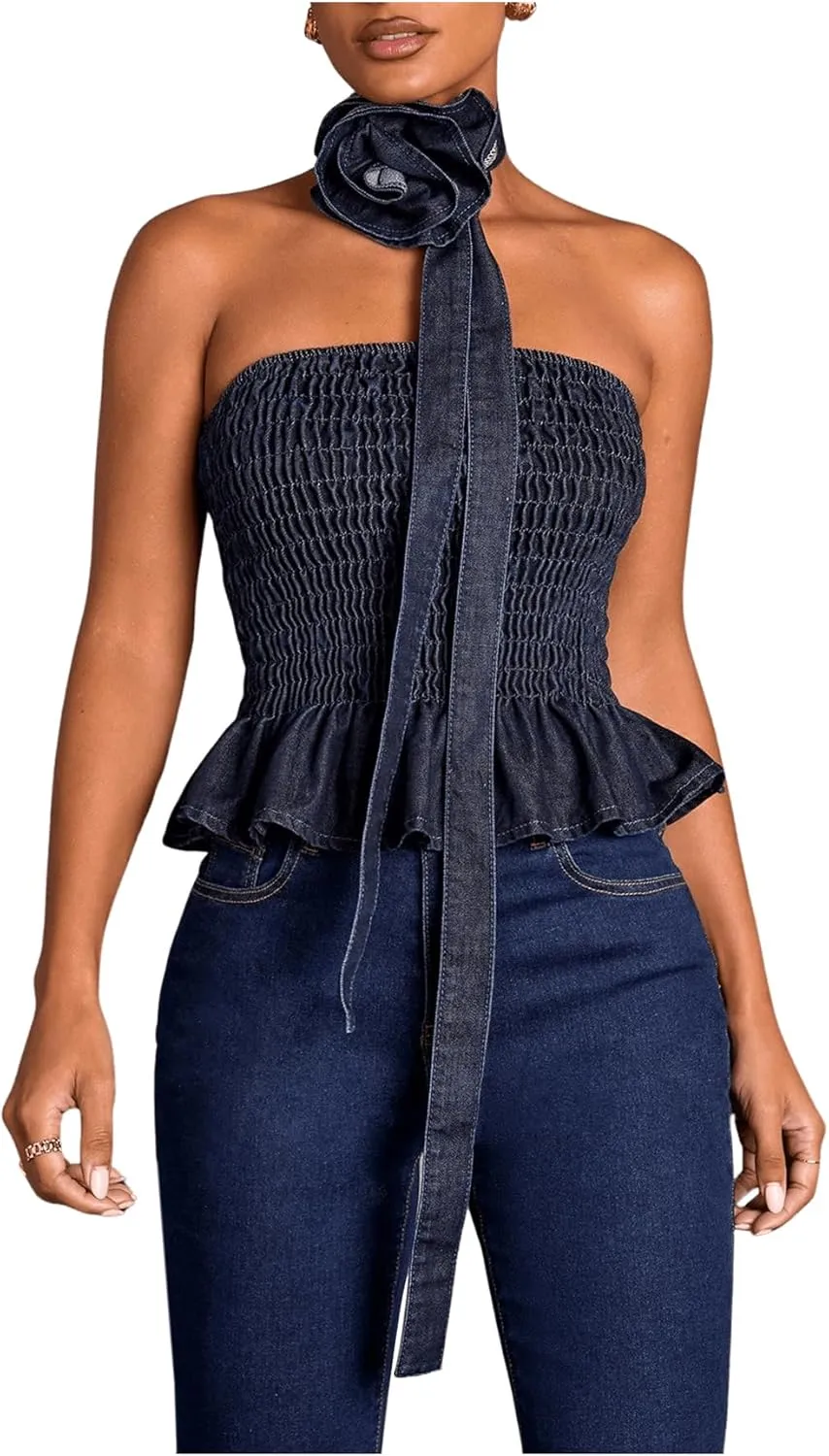 MakeMeChic Women's Denim Top Strapless Shirred Tube Top Ruffle Hem Bandeau Tops with 3D Flower Scarf