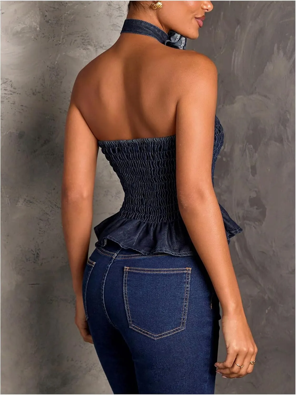 MakeMeChic Women's Denim Top Strapless Shirred Tube Top Ruffle Hem Bandeau Tops with 3D Flower Scarf