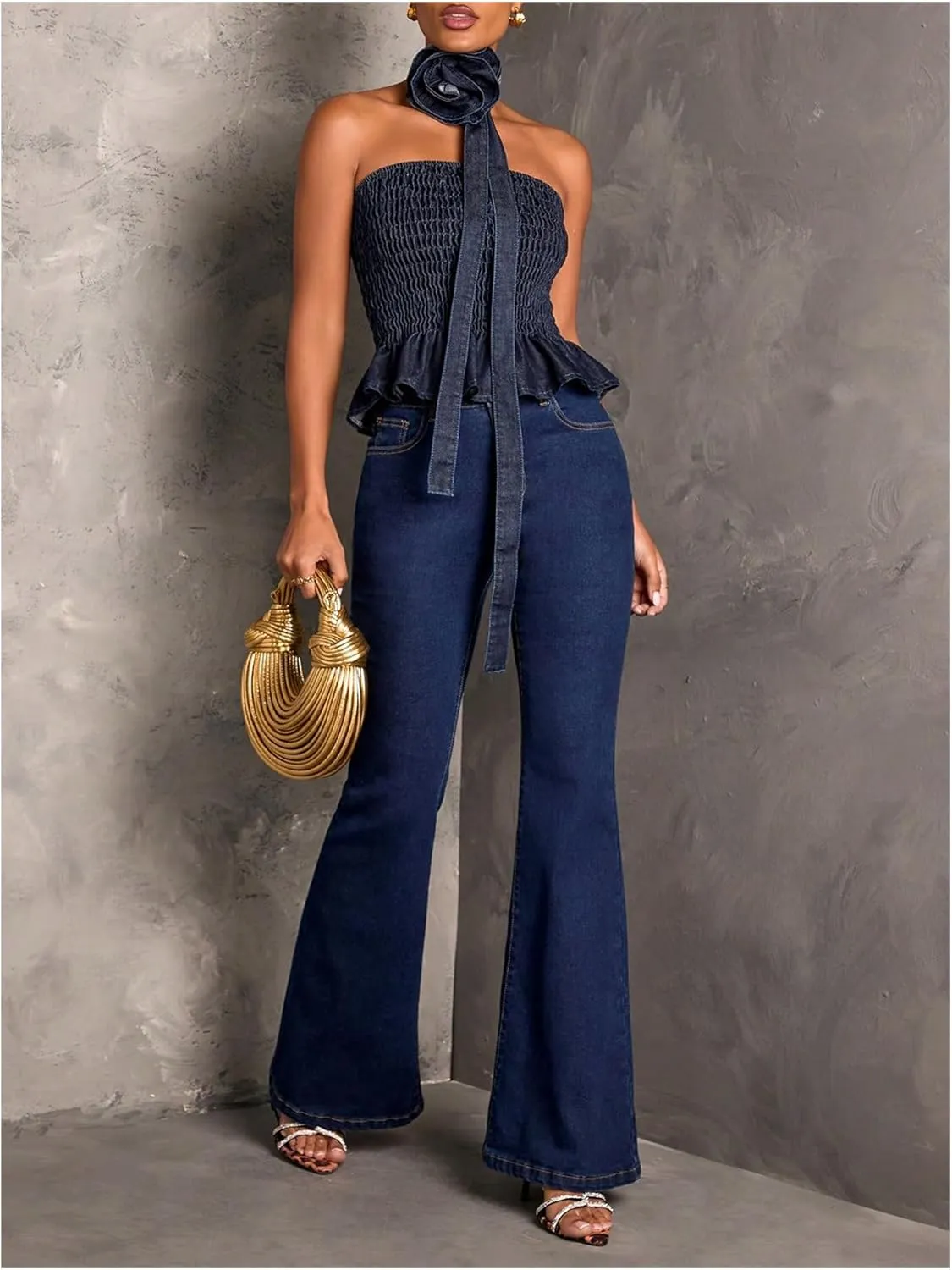 MakeMeChic Women's Denim Top Strapless Shirred Tube Top Ruffle Hem Bandeau Tops with 3D Flower Scarf