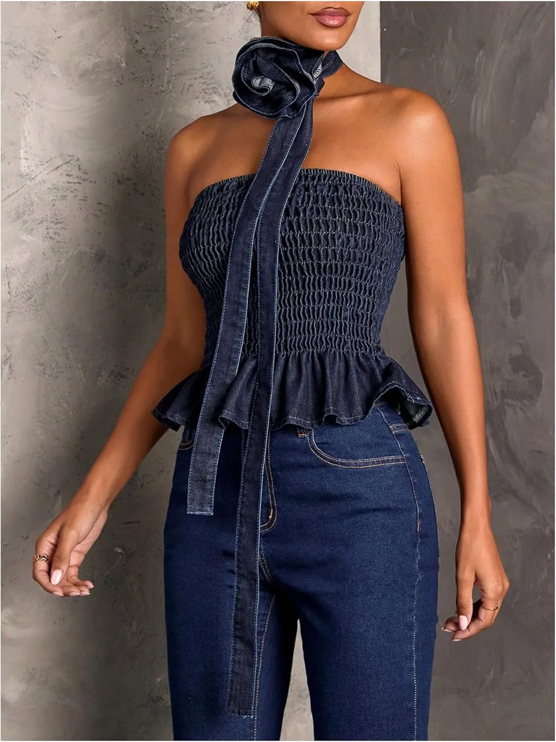 MakeMeChic Women's Denim Top Strapless Shirred Tube Top Ruffle Hem Bandeau Tops with 3D Flower Scarf