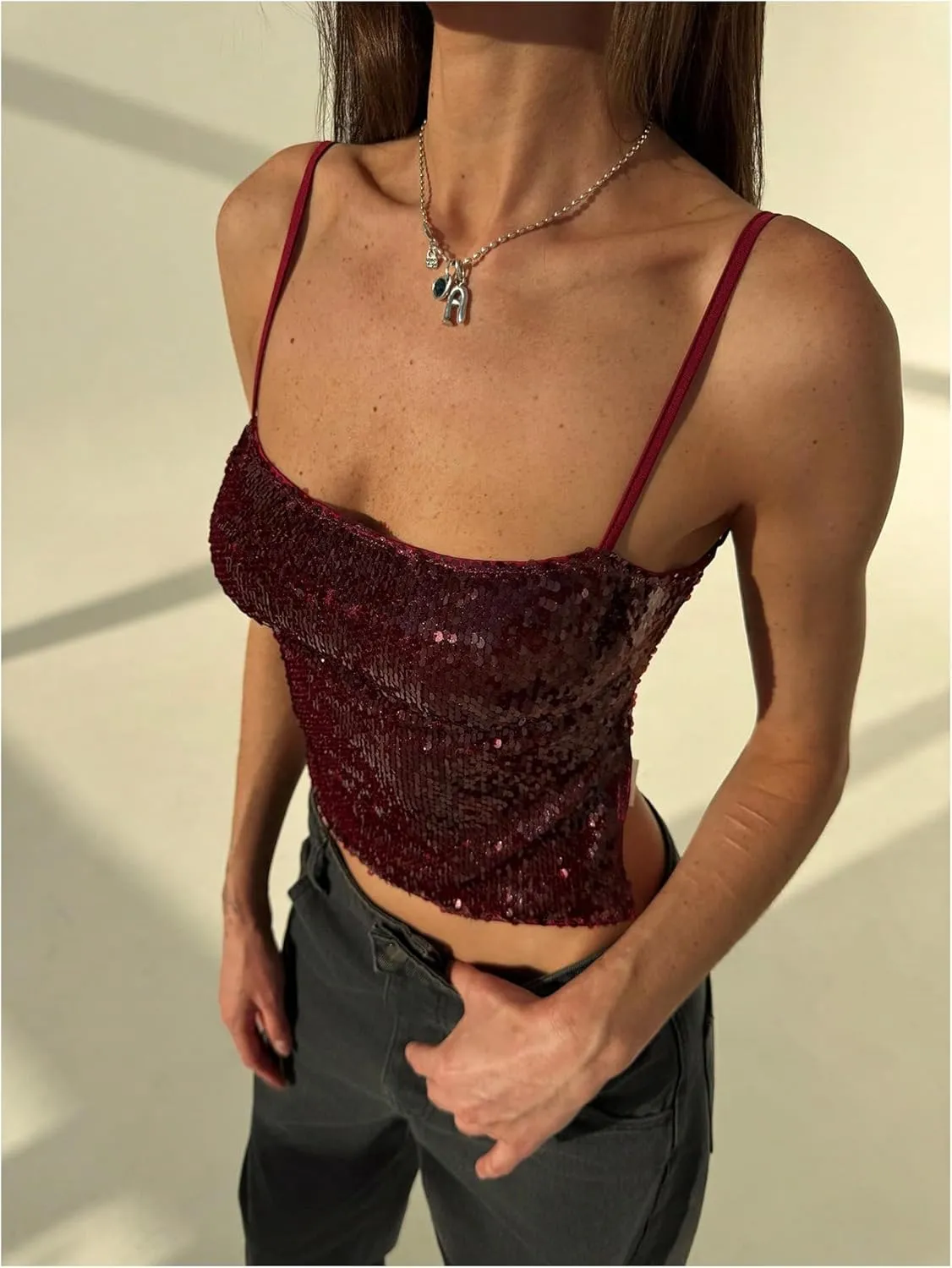 MakeMeChic Women's Sequin Top Sparkly Spaghetti Strap Camisole Tie Open Back Sleeveless Y2k Crop Tank Top