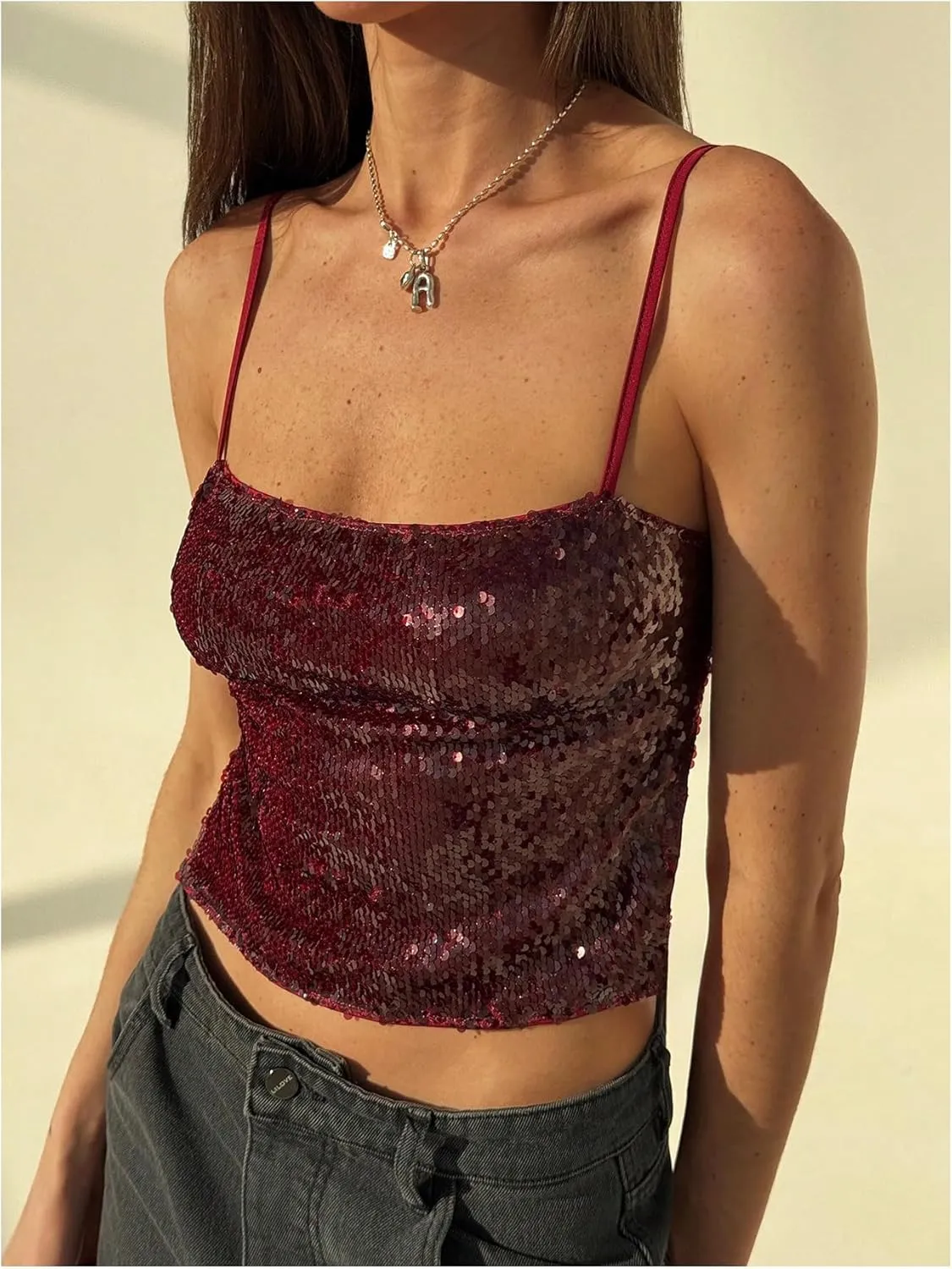 MakeMeChic Women's Sequin Top Sparkly Spaghetti Strap Camisole Tie Open Back Sleeveless Y2k Crop Tank Top