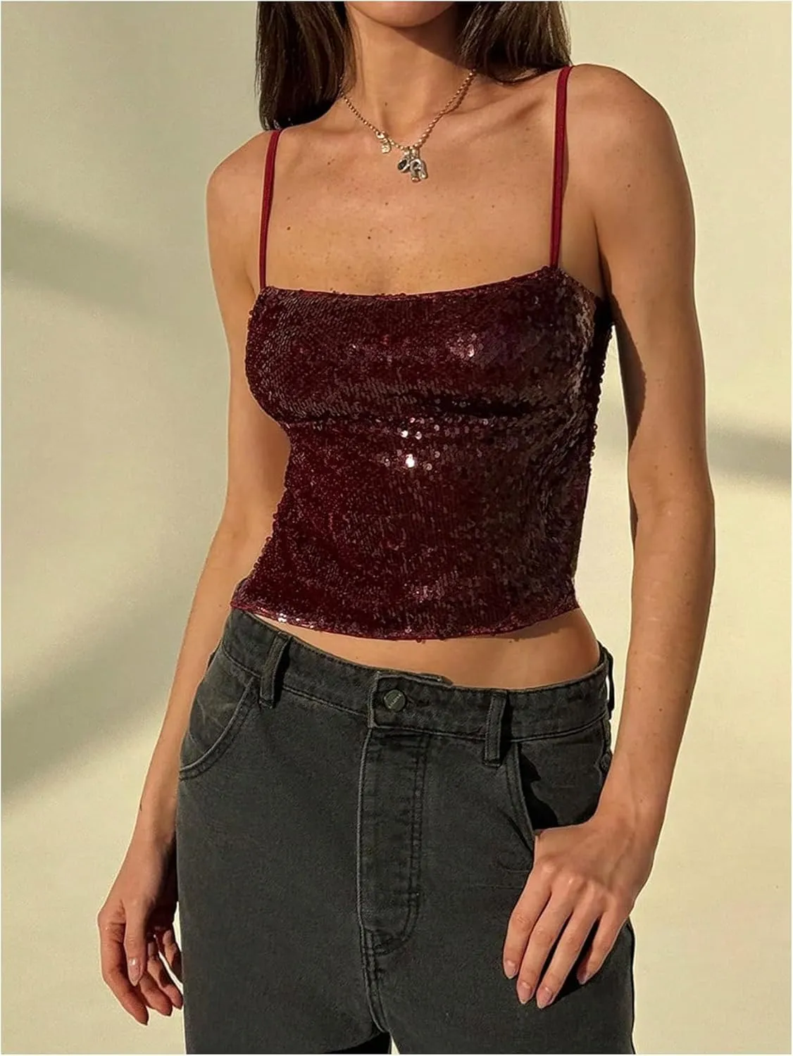 MakeMeChic Women's Sequin Top Sparkly Spaghetti Strap Camisole Tie Open Back Sleeveless Y2k Crop Tank Top