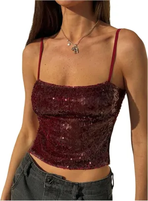 MakeMeChic Women's Sequin Top Sparkly Spaghetti Strap Camisole Tie Open Back Sleeveless Y2k Crop Tank Top
