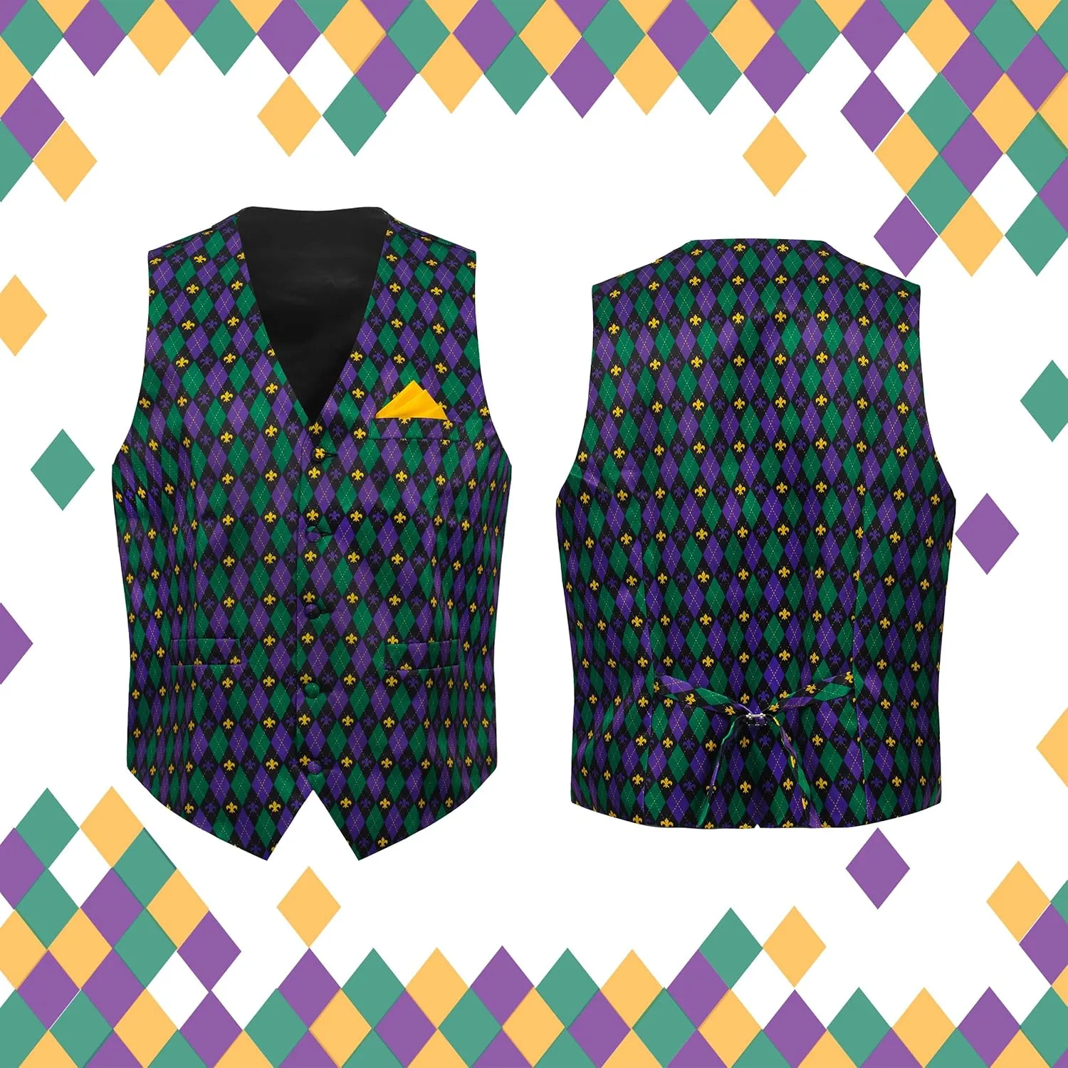 Mardi Gras Vest Kit for Men,Adult Mardi Gras Outfit with Bow Tie and Pocket Square,Mardi Gras Costume Set