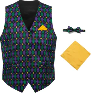 Mardi Gras Vest Kit for Men,Adult Mardi Gras Outfit with Bow Tie and Pocket Square,Mardi Gras Costume Set