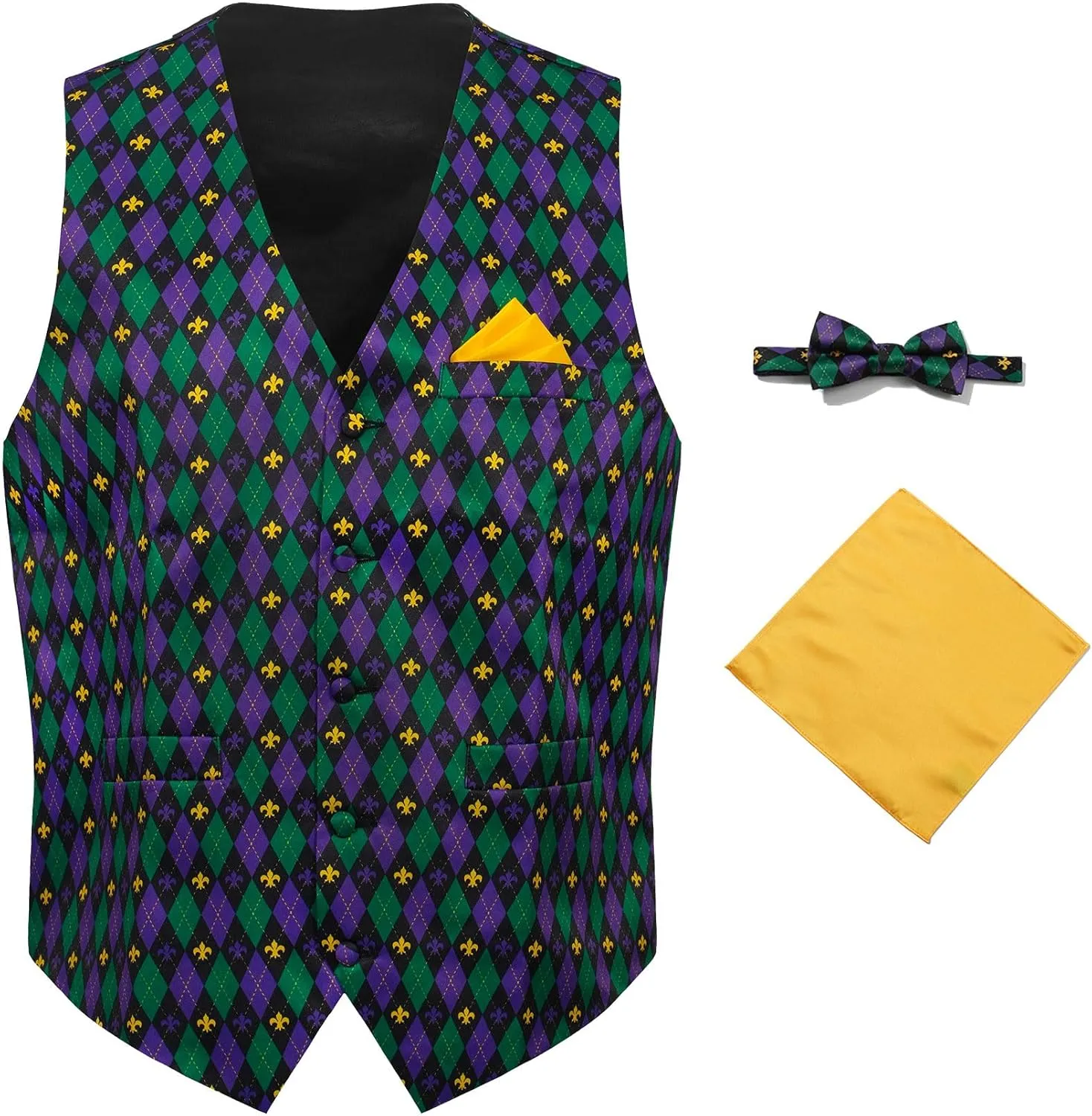 Mardi Gras Vest Kit for Men,Adult Mardi Gras Outfit with Bow Tie and Pocket Square,Mardi Gras Costume Set