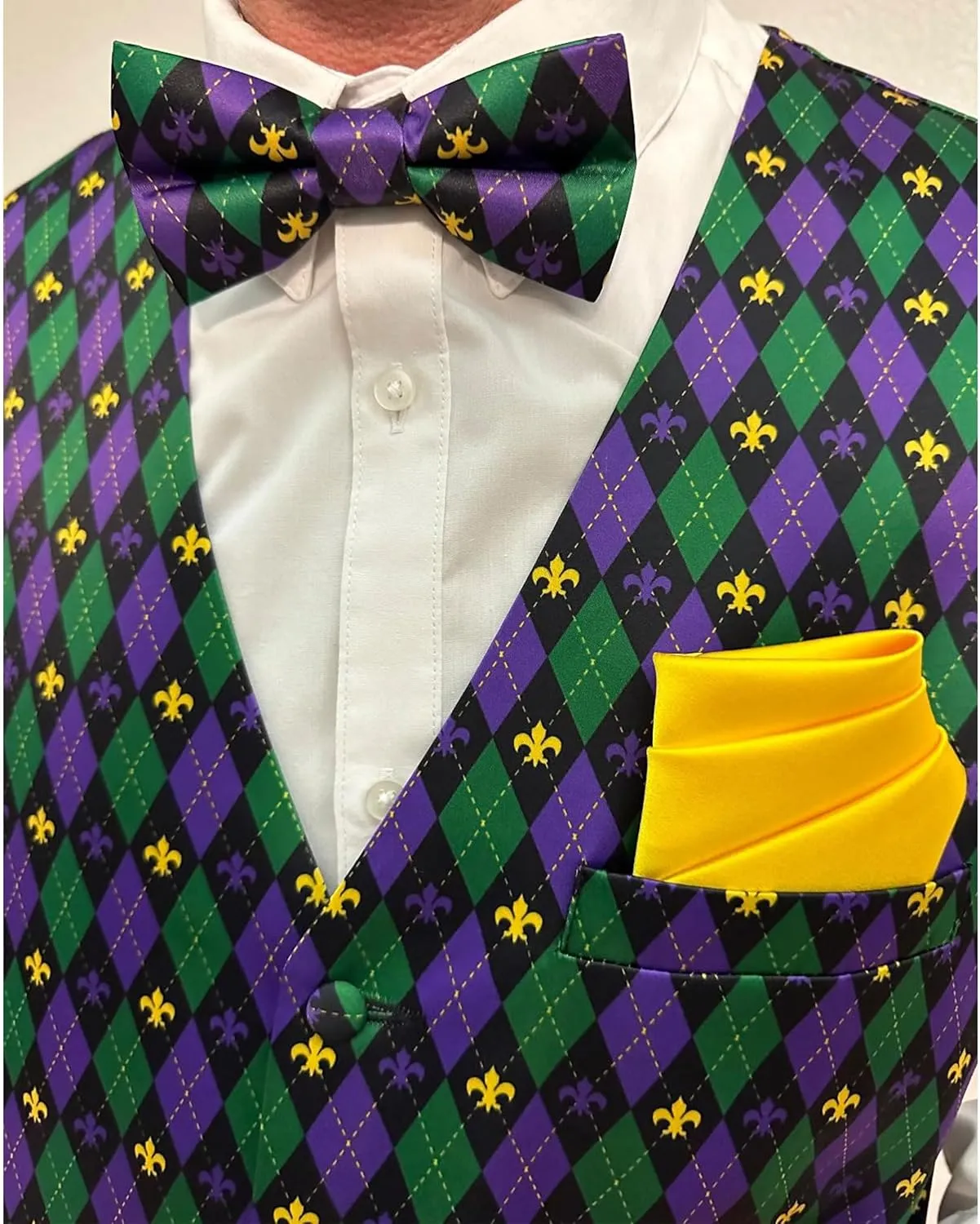 Mardi Gras Vest Kit for Men,Adult Mardi Gras Outfit with Bow Tie and Pocket Square,Mardi Gras Costume Set
