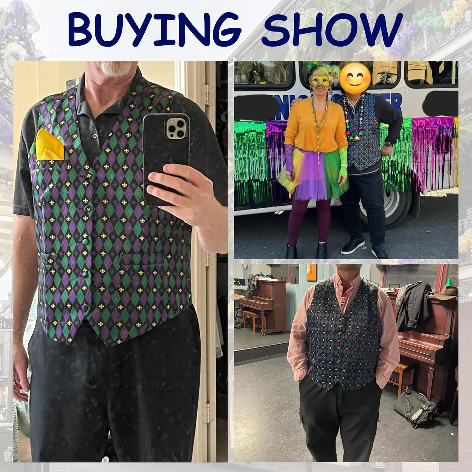Mardi Gras Vest Kit for Men,Adult Mardi Gras Outfit with Bow Tie and Pocket Square,Mardi Gras Costume Set